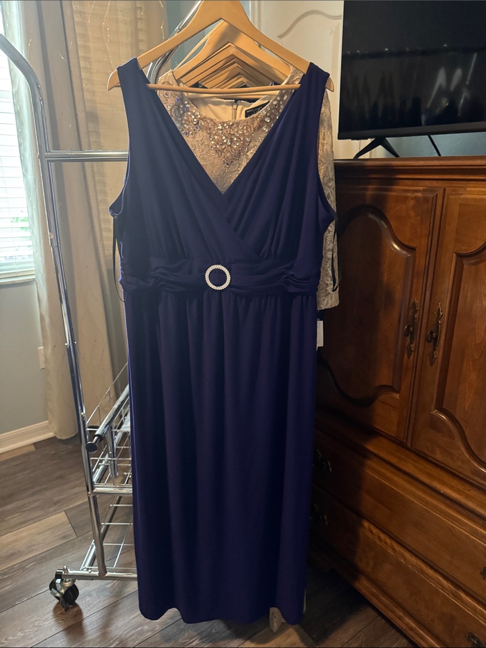 Olivia Matthews Deep Navy V-Neck Midi Dress with Rhinestone Waist